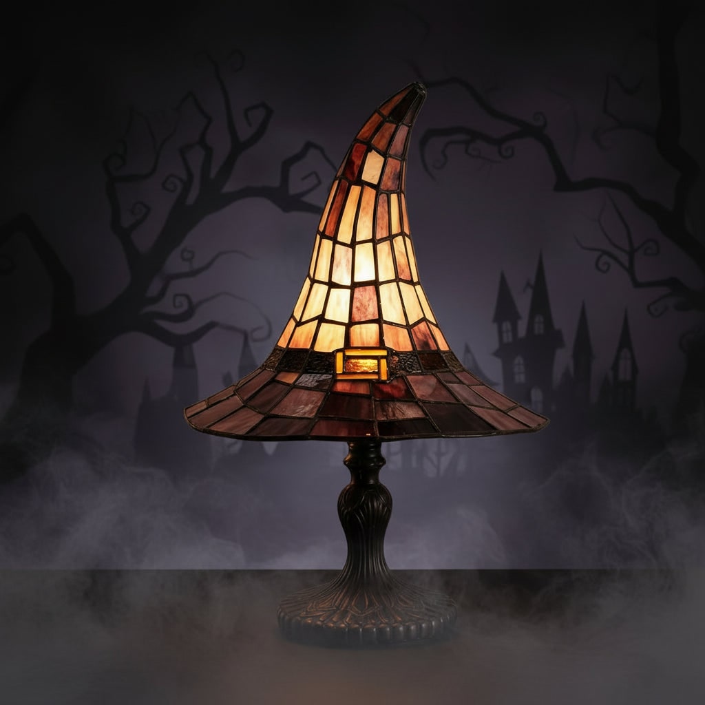 Stained Glass Witch Hat Table Lamp with Bronze Base and Beaded Pull Chain