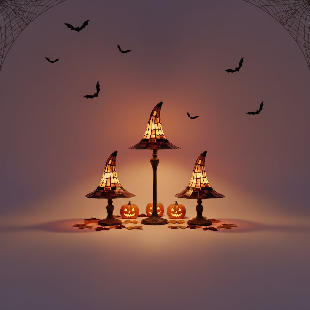 Stained Glass Witch Hat Table Lamp with Bronze Base and Beaded Pull Chain