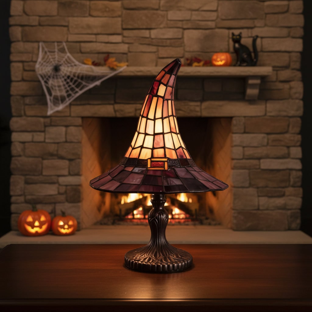 Stained Glass Witch Hat Table Lamp with Bronze Base and Beaded Pull Chain