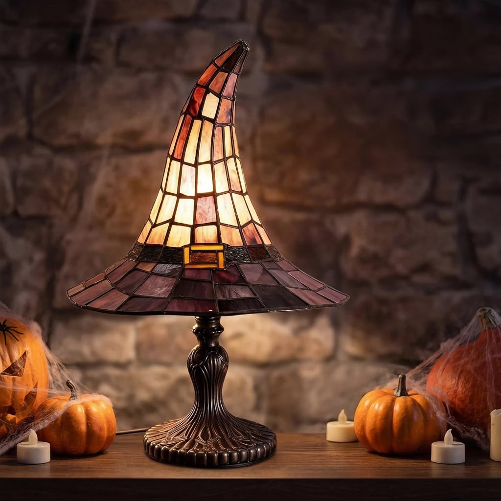 Bedside Table Lamps Set of 2 Vintage Stained Glass Witch Hat Shade Bronze Base for Halloween