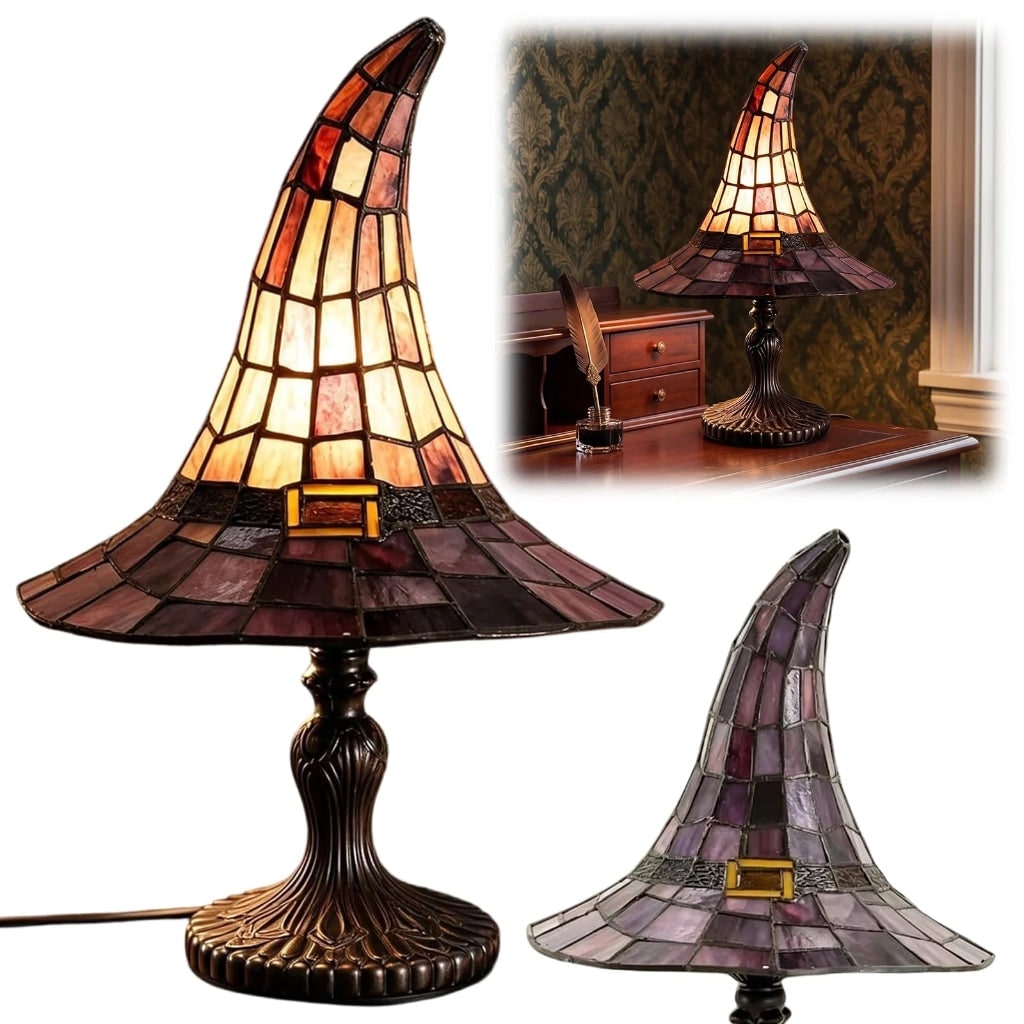 Bedside Table Lamps Set of 2 Vintage Stained Glass Witch Hat Shade Bronze Base for Halloween