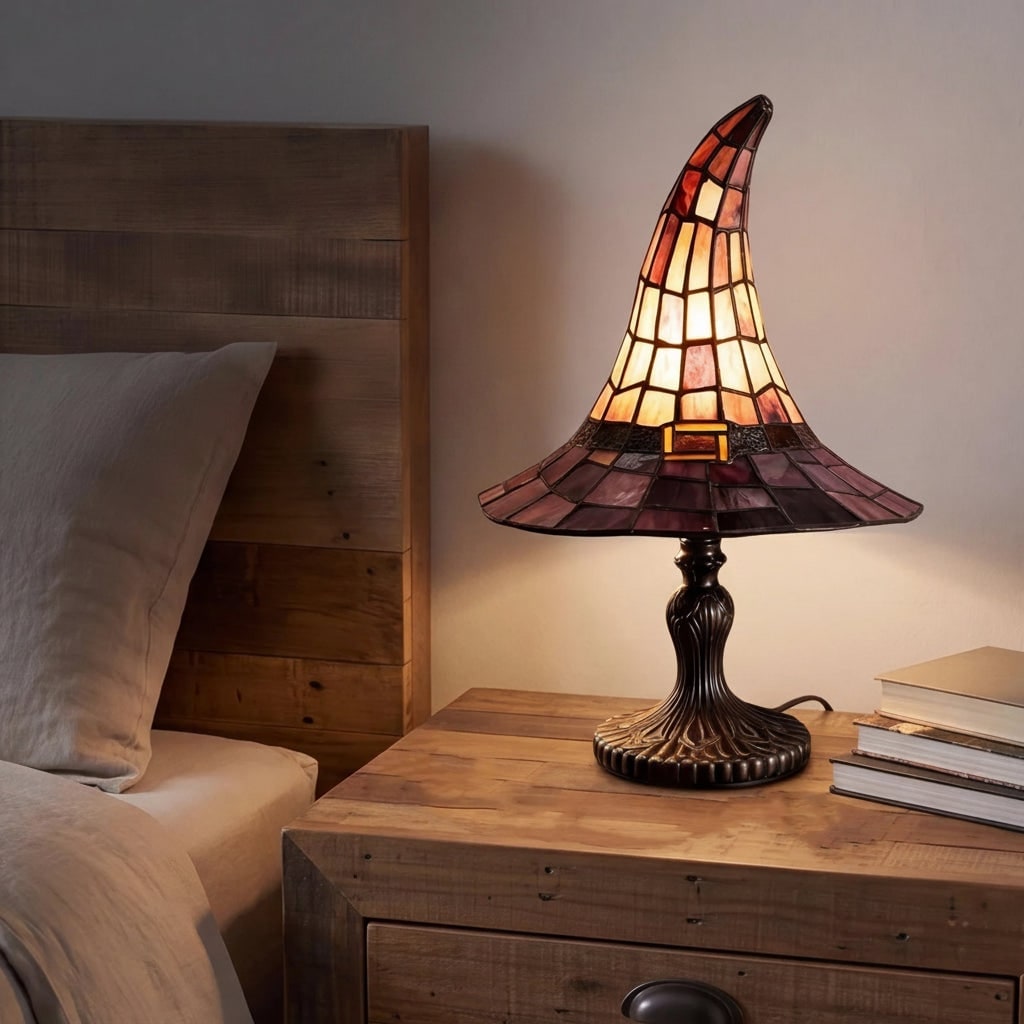 Bedside Table Lamps Set of 2 Vintage Stained Glass Witch Hat Shade Bronze Base for Halloween