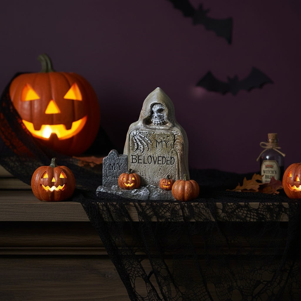 Halloween Party Decorations Miniature Resin Tombstone Figurine with Weathered Stone Finish