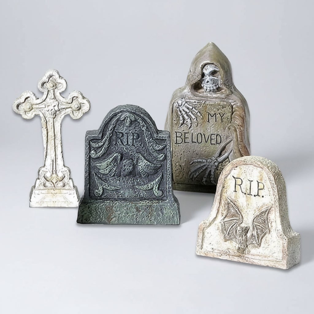 Miniature Halloween Tombstones Resin Four Piece Graveyard Set for Tabletop Display