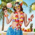 Hawaiian Hula Matching Halloween Costume Set with Grass Skirt and Flower Lei