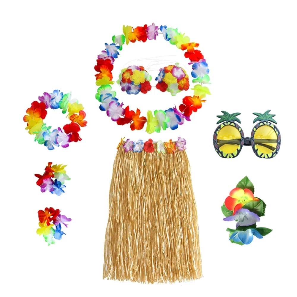 Hawaiian Hula Matching Halloween Costume Set with Grass Skirt and Flower Lei