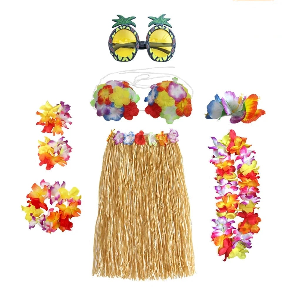 Hawaiian Hula Matching Halloween Costume Set with Grass Skirt and Flower Lei