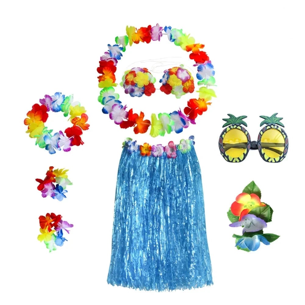 Hawaiian Hula Matching Halloween Costume Set with Grass Skirt and Flower Lei