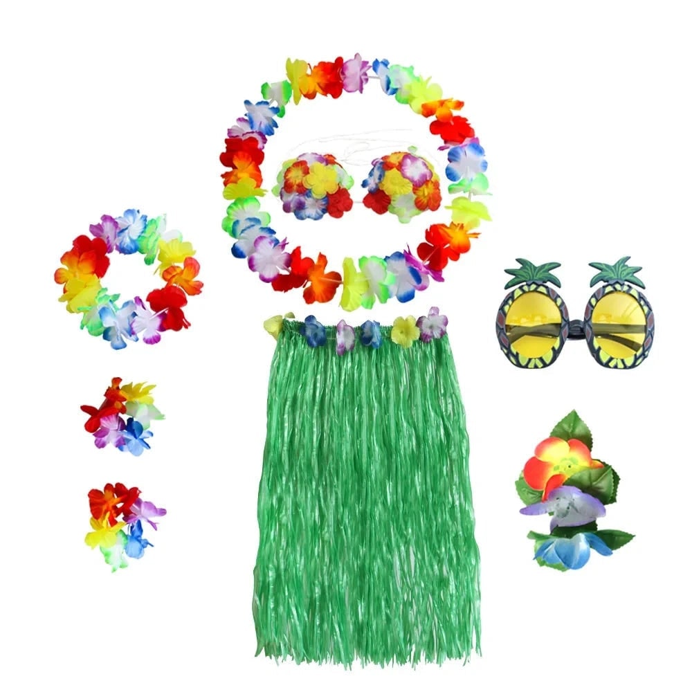 Hawaiian Hula Matching Halloween Costume Set with Grass Skirt and Flower Lei