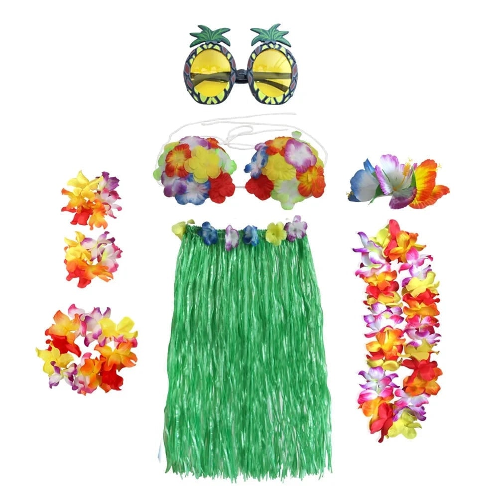 Hawaiian Hula Matching Halloween Costume Set with Grass Skirt and Flower Lei