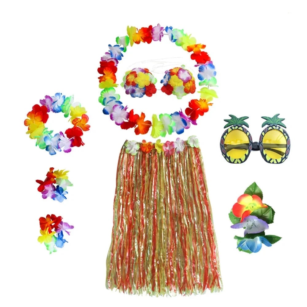 Hawaiian Hula Matching Halloween Costume Set with Grass Skirt and Flower Lei