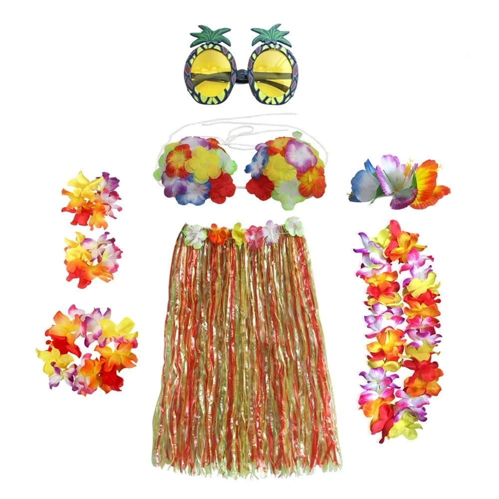 Hawaiian Hula Matching Halloween Costume Set with Grass Skirt and Flower Lei