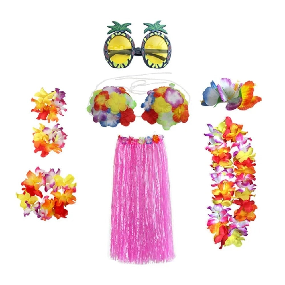 Hawaiian Hula Matching Halloween Costume Set with Grass Skirt and Flower Lei