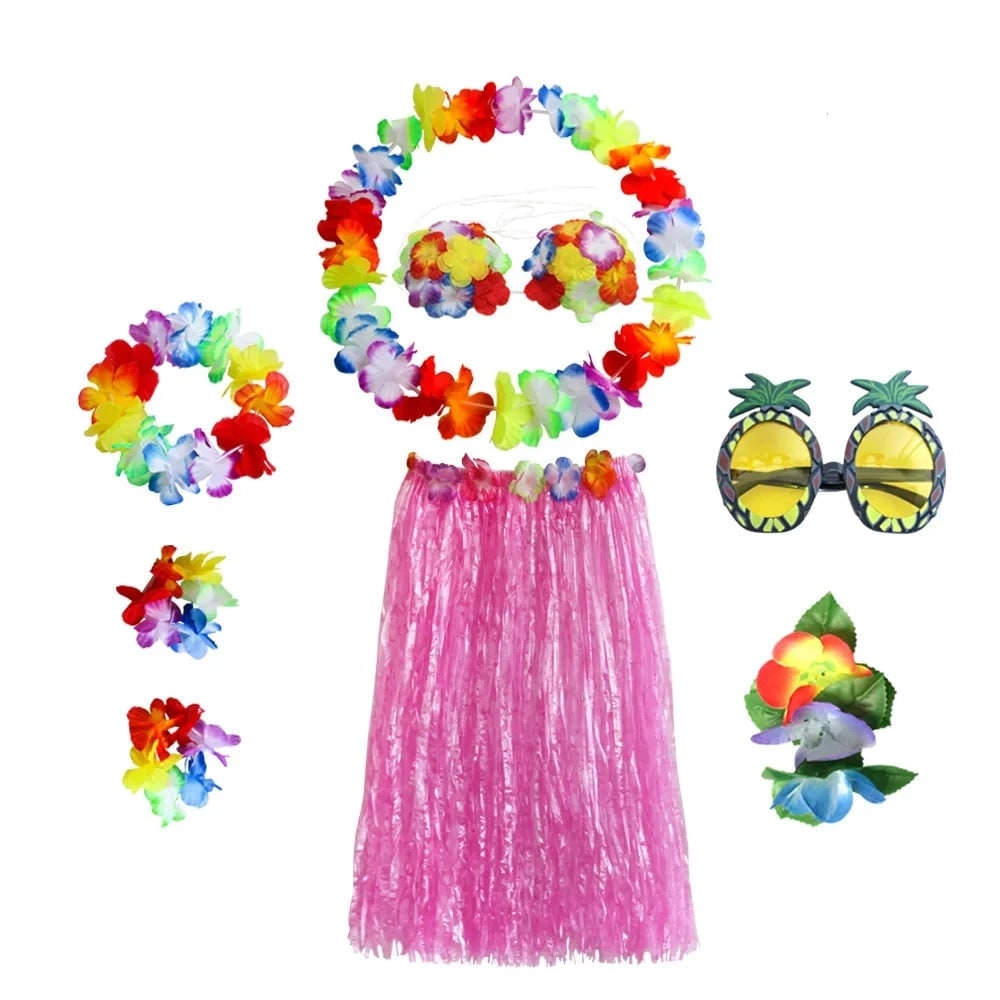 Hawaiian Hula Matching Halloween Costume Set with Grass Skirt and Flower Lei