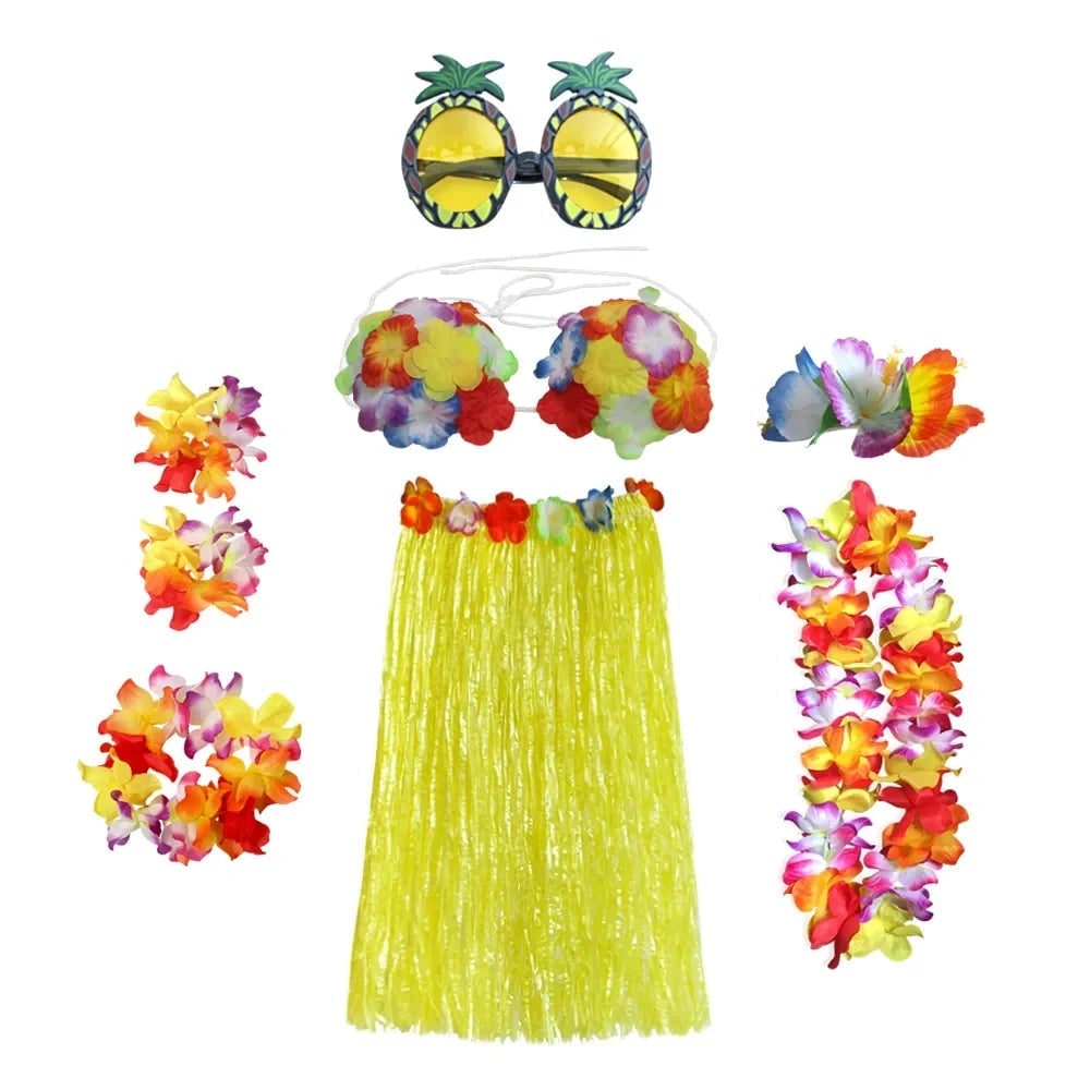Hawaiian Hula Matching Halloween Costume Set with Grass Skirt and Flower Lei