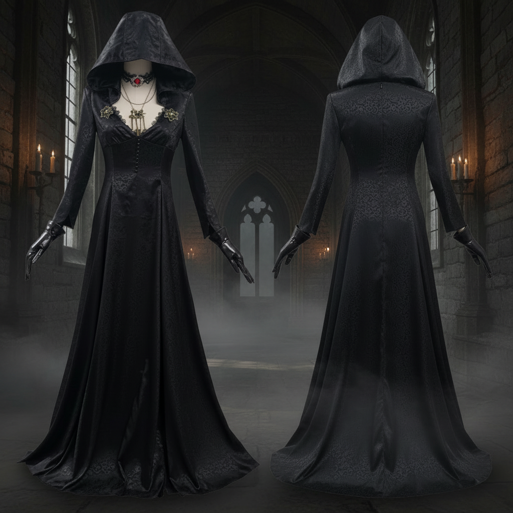 Vampire Halloween Costume Gothic Hooded Jacquard Gown with Lace Choker and Gloves