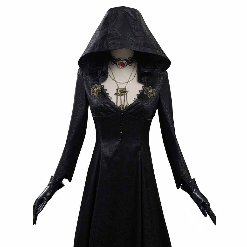 Vampire Halloween Costume Gothic Hooded Jacquard Gown with Lace Choker and Gloves