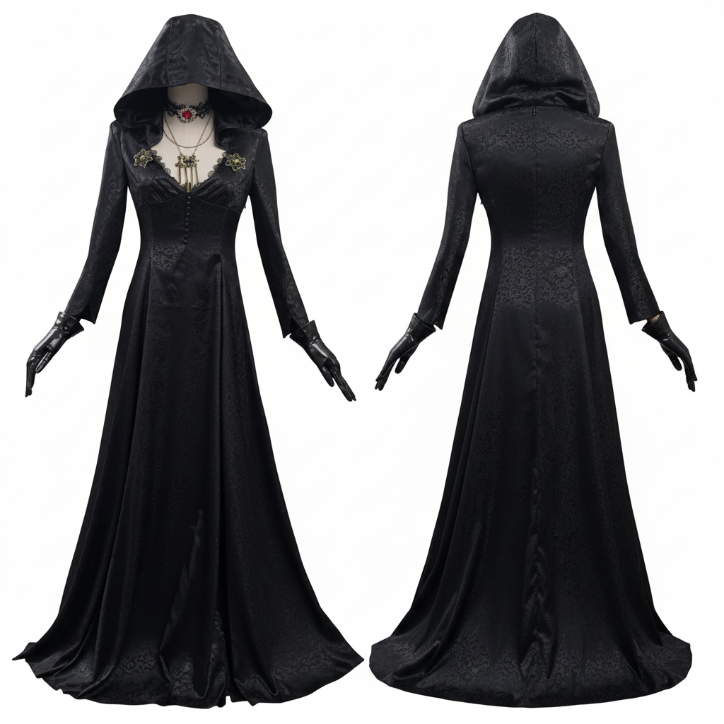 Vampire Costume Gothic Hooded Jacquard Dress with Lace Choker and Gloves
