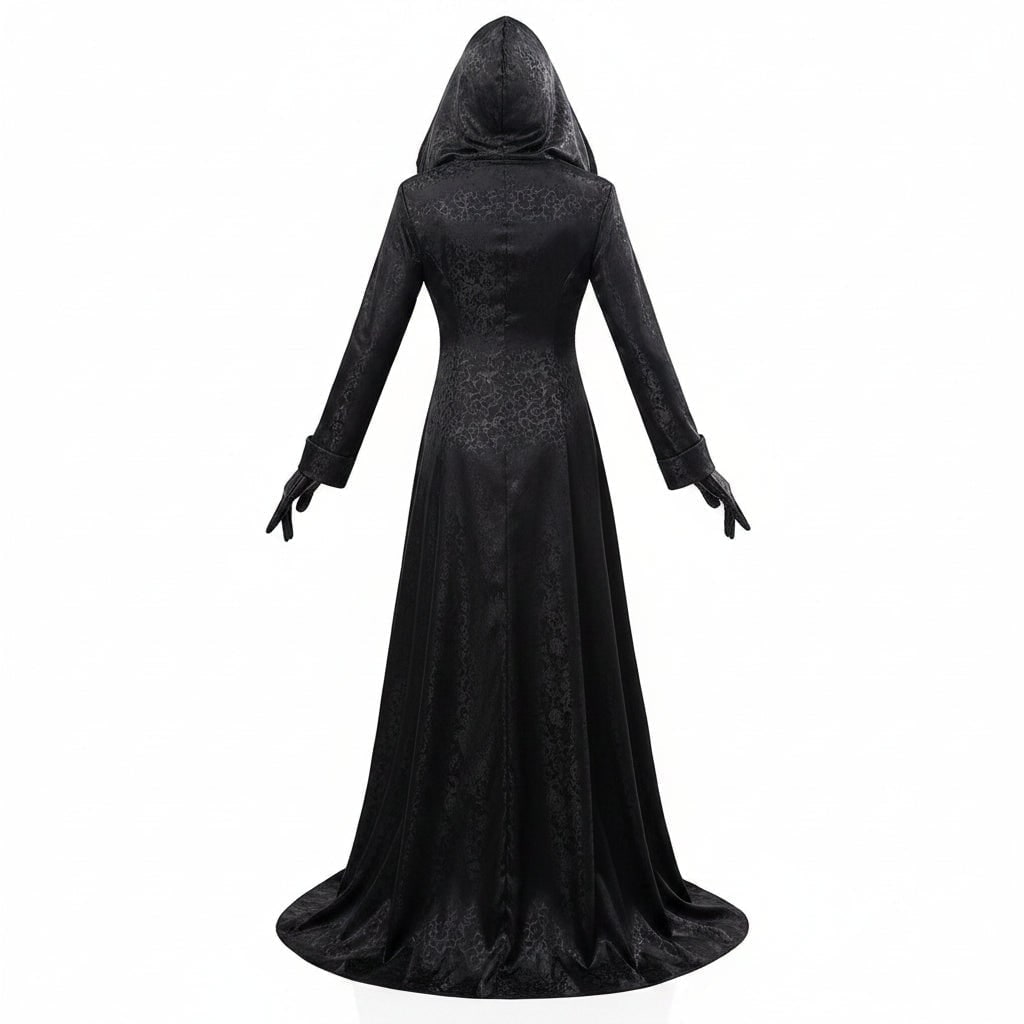 Vampire Costume Gothic Hooded Jacquard Dress with Lace Choker and Gloves