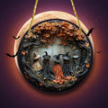 Halloween Art Resin Plaque with 3D Witch Relief Autumn Leaves and Rope for Wall Hanging