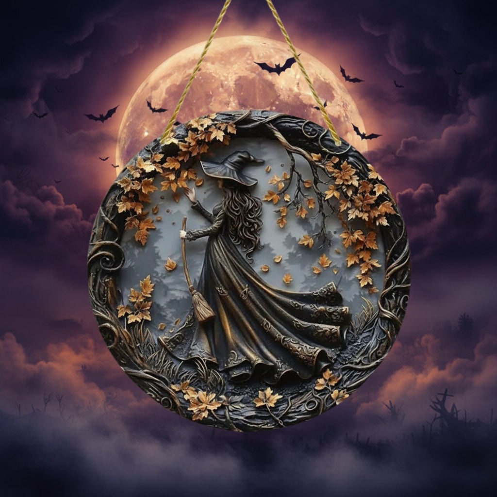 Halloween Art Resin Plaque with 3D Witch Relief Fall Leaves and Rope for Wall Hanging