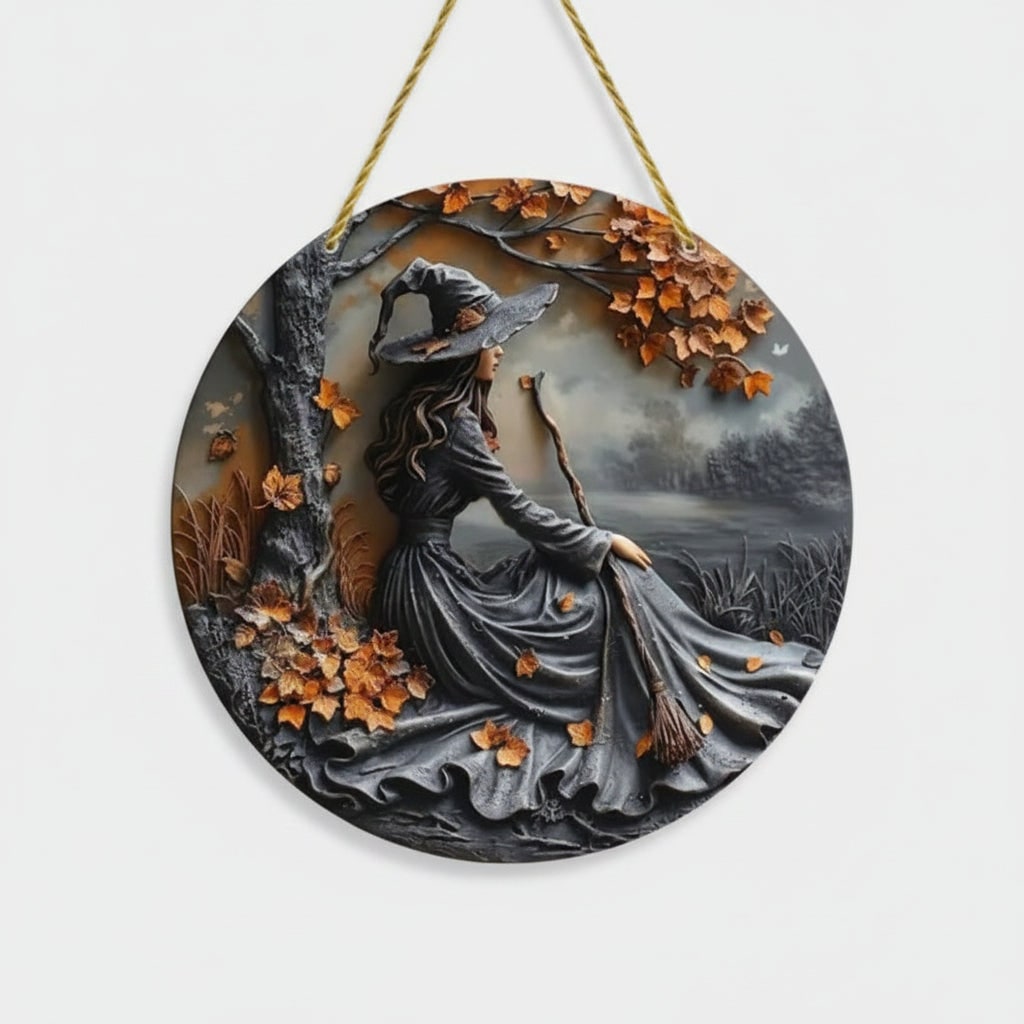 Halloween Art Resin Plaque with 3D Witch Relief Fall Leaves and Rope for Wall Hanging