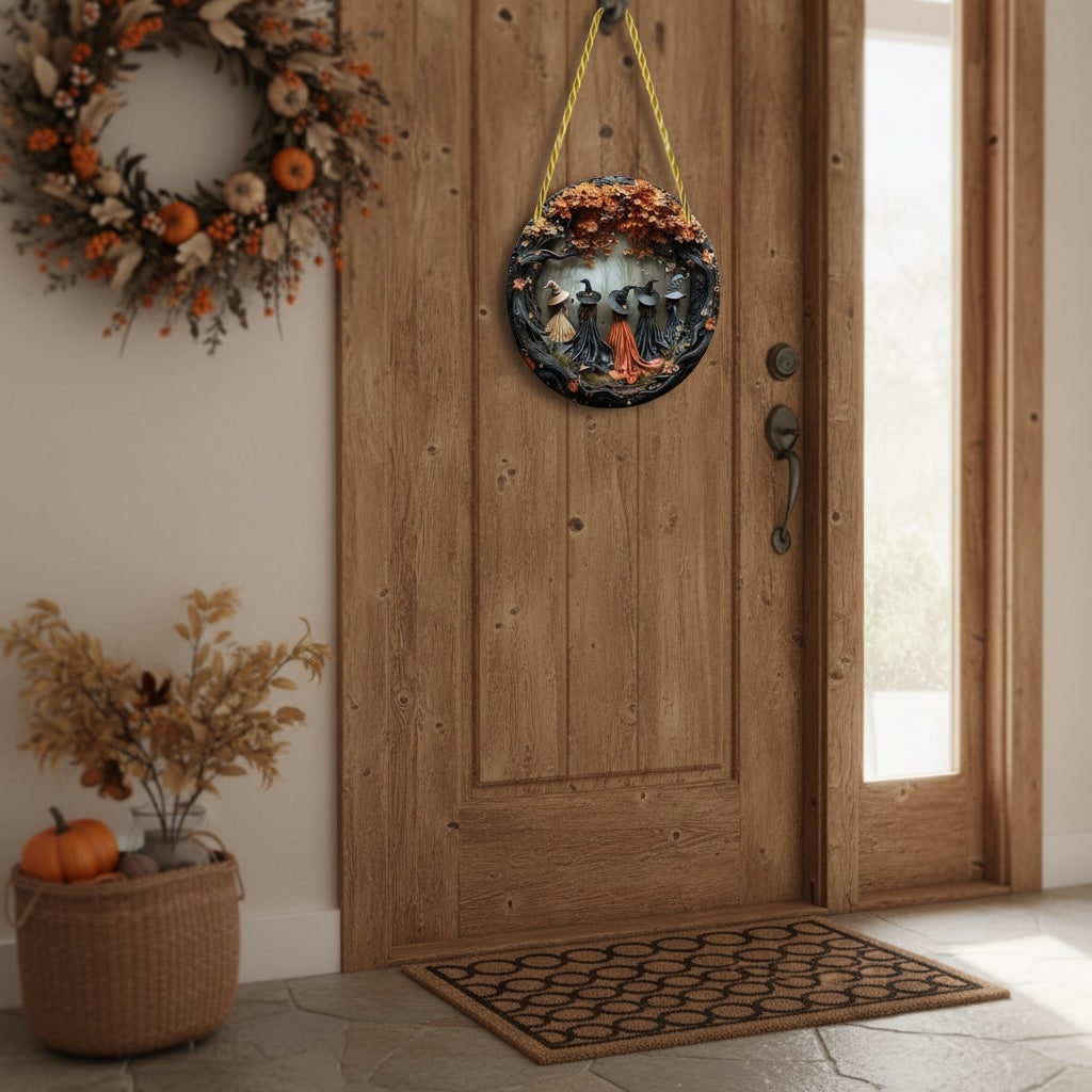 Halloween Art Witch Wall Plaque with 3D Relief Design Autumn Leaves and Hanging Rope Decor
