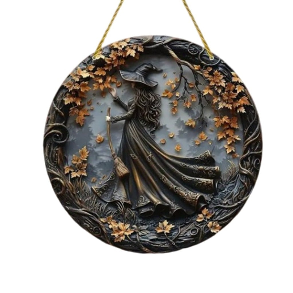 Halloween Art Witch Wall Plaque with 3D Relief Design Fall Leaves and Hanging Rope Decor