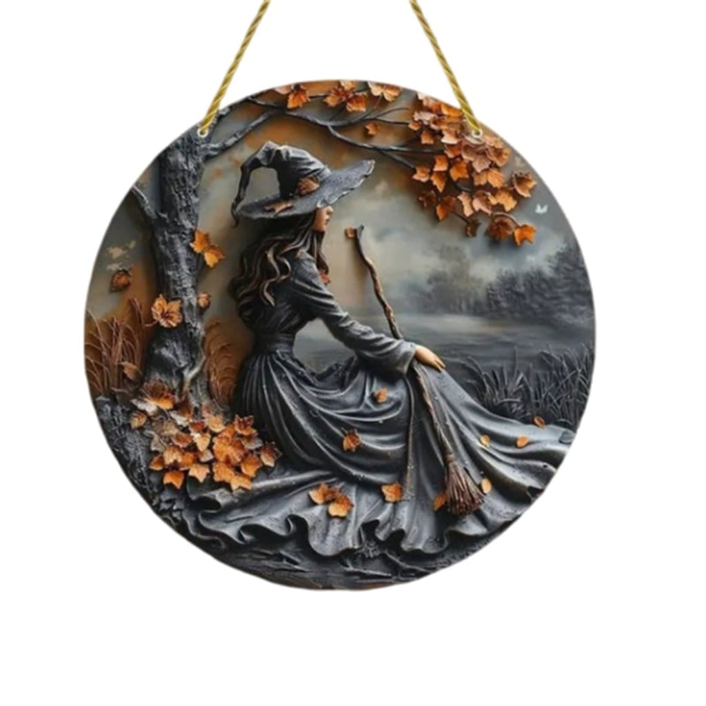 Halloween Art Witch Wall Plaque with 3D Relief Design Fall Leaves and Hanging Rope Decor