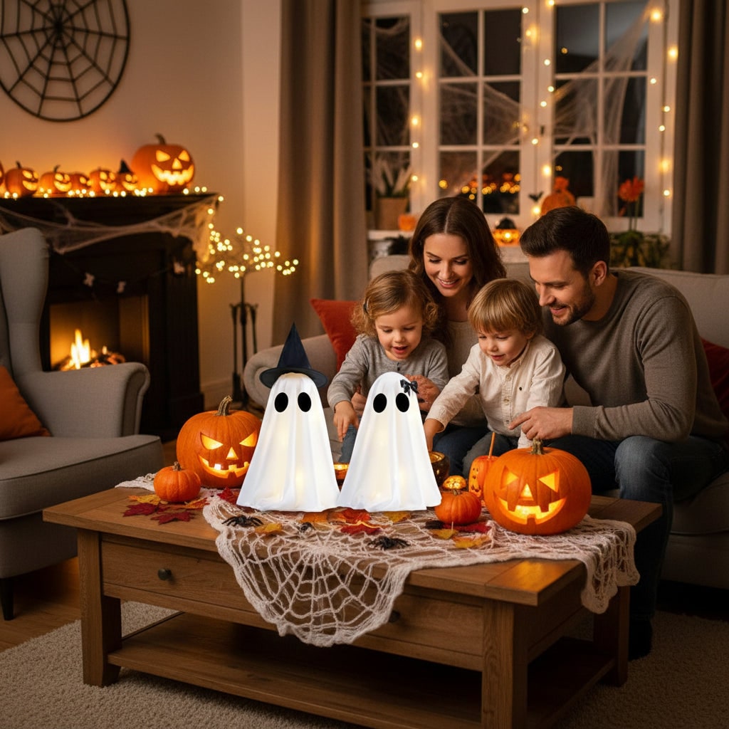 Halloween Decorations Indoor Warm White Light Up Ghost Figures Set of Two with Witch Hat