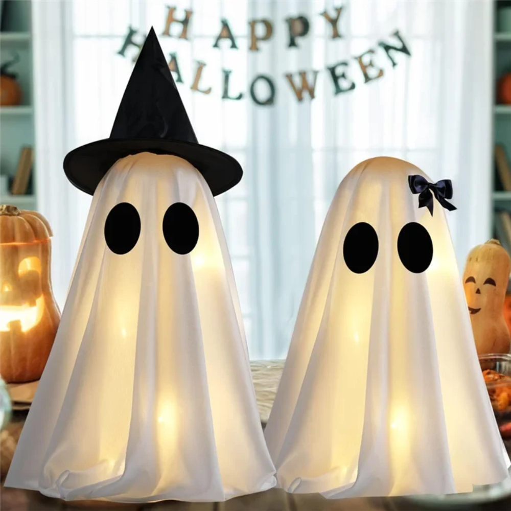 Halloween Decorations Indoor Warm White Light Up Ghost Figures Set of Two with Witch Hat