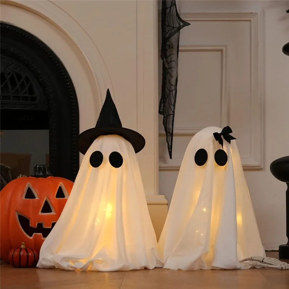 Halloween Decorations Indoor Warm White Light Up Ghost Figures Set of Two with Witch Hat