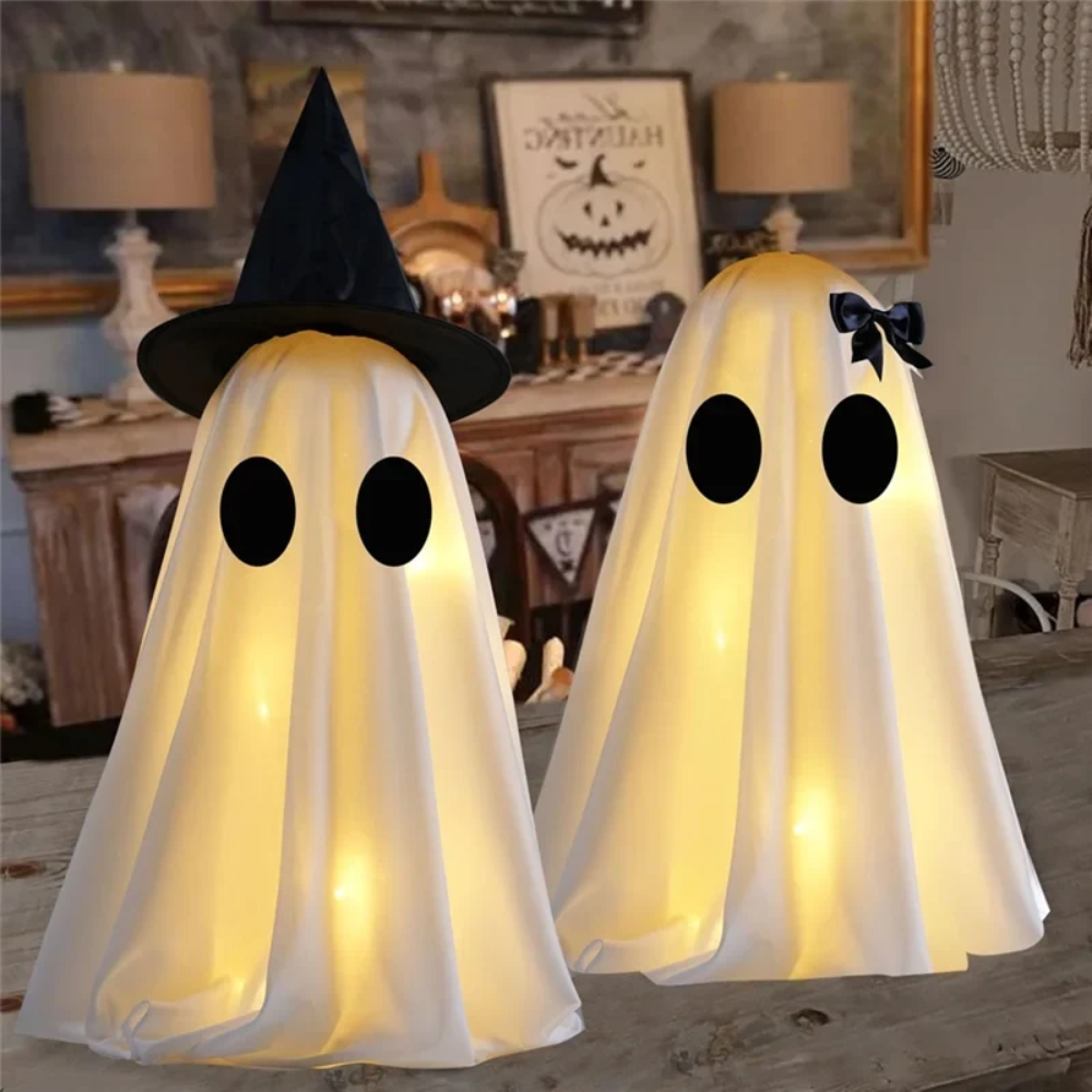 Halloween Decorations Indoor Warm White Light Up Ghost Figures Set of Two with Witch Hat