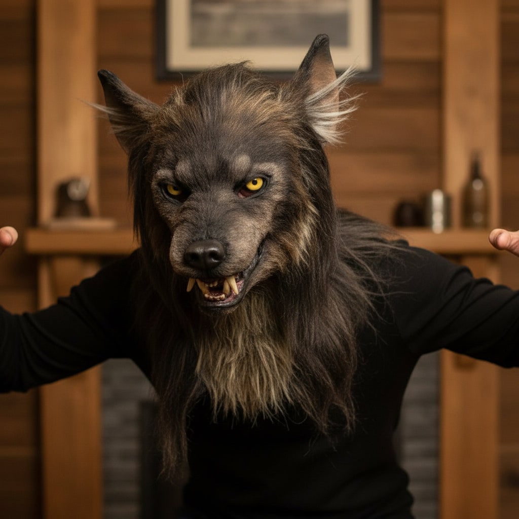 Day of the Dead Halloween Costumes Werewolf Mask with Faux Fur Yellow Eyes and Sharp Fangs