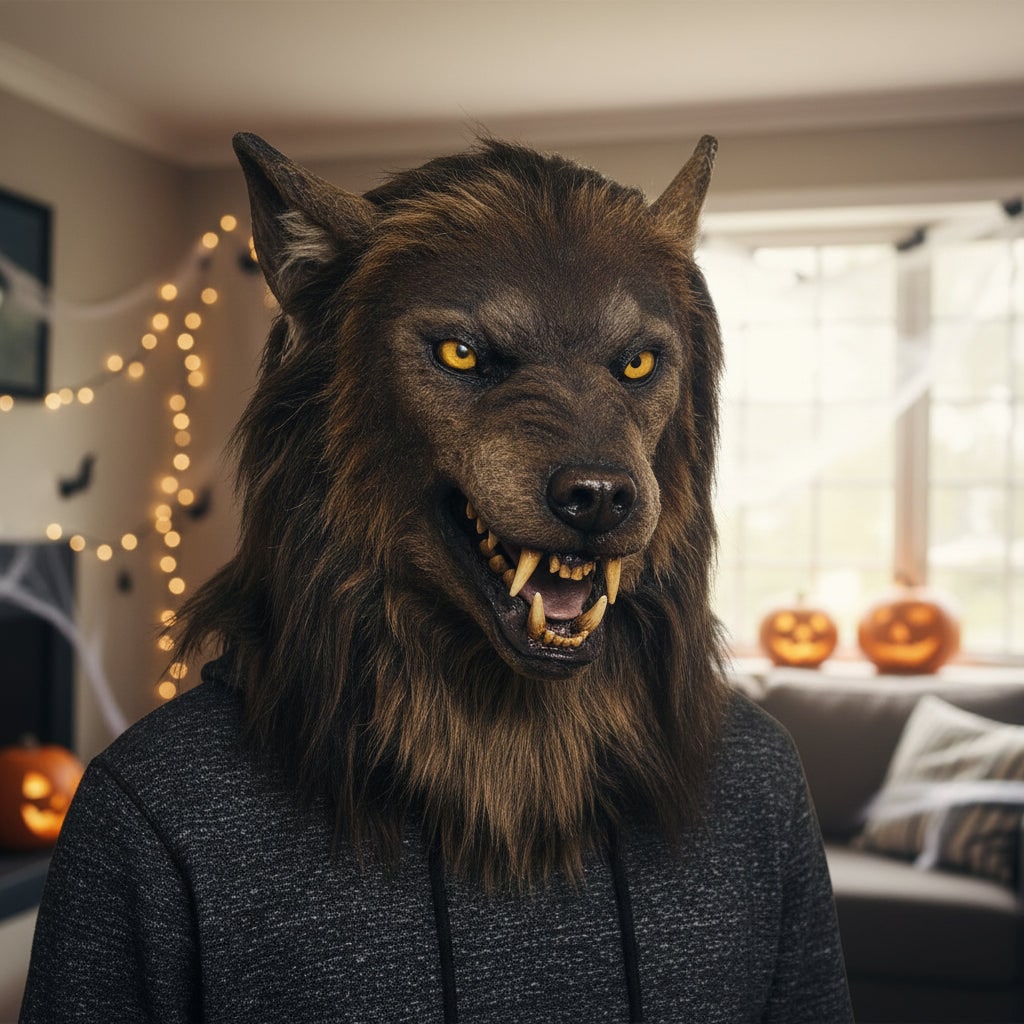 Day of the Dead Halloween Costumes Werewolf Mask with Faux Fur Yellow Eyes and Sharp Fangs