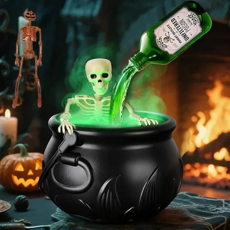 Witch Cauldron Halloween Decoration with Ultrasonic Mist Maker and Green LED Glow