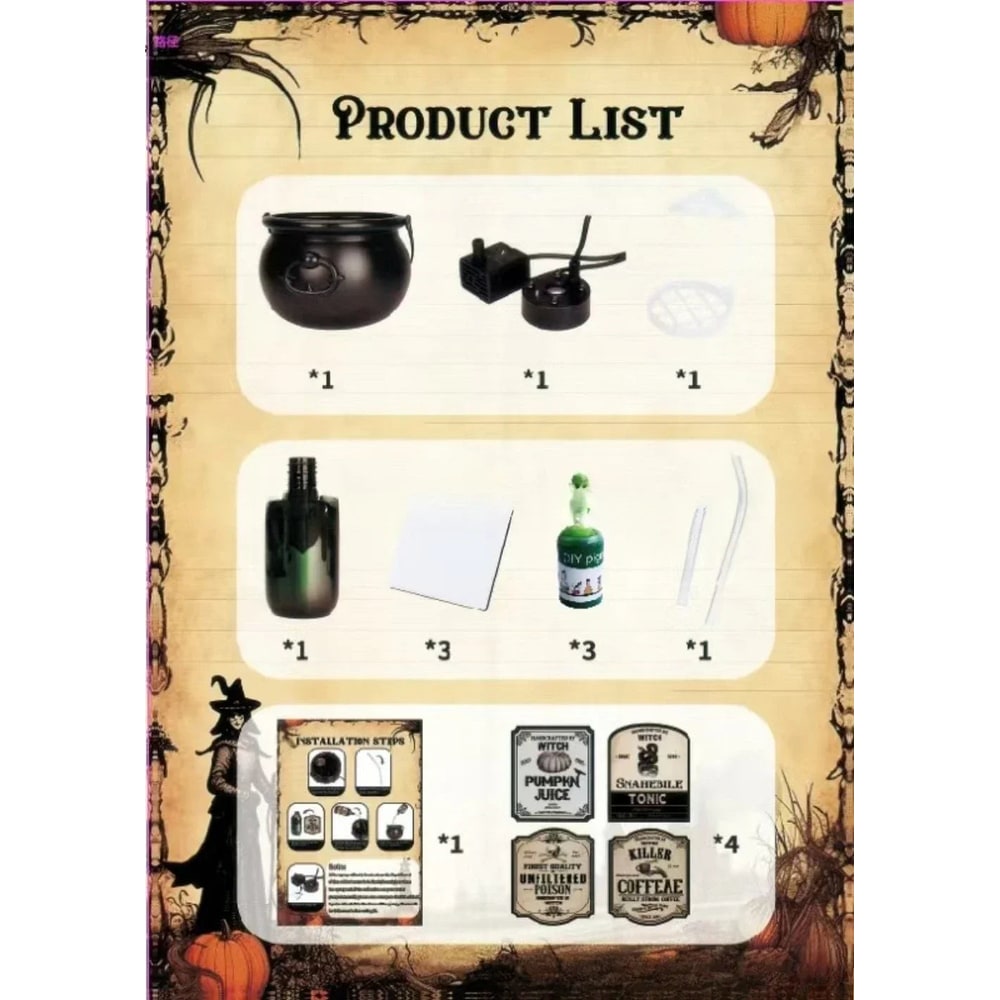 Witch Cauldron Halloween Decoration with Ultrasonic Mist Maker and Green LED Glow