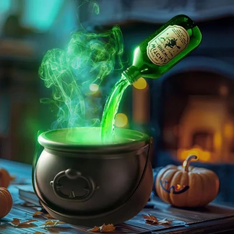 Witch Cauldron Halloween Decoration with Ultrasonic Mist Maker and Green LED Glow
