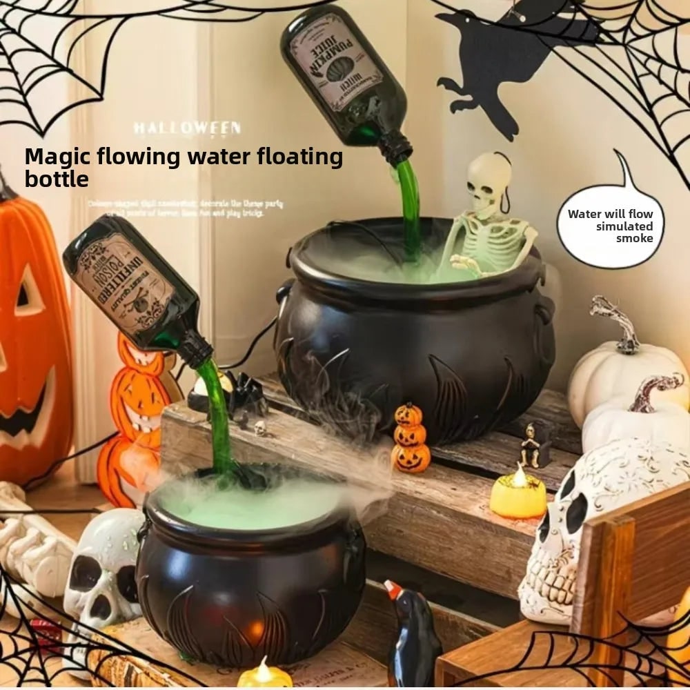 Witch Cauldron Halloween Decoration with Ultrasonic Mist Maker and Green LED Glow