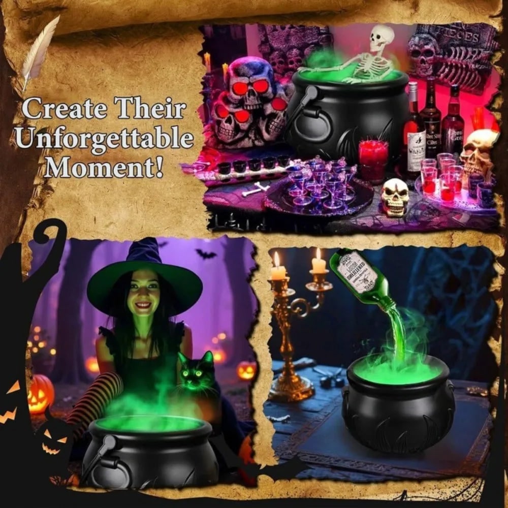 Witch Cauldron Halloween Decoration with Ultrasonic Mist Maker and Green LED Glow