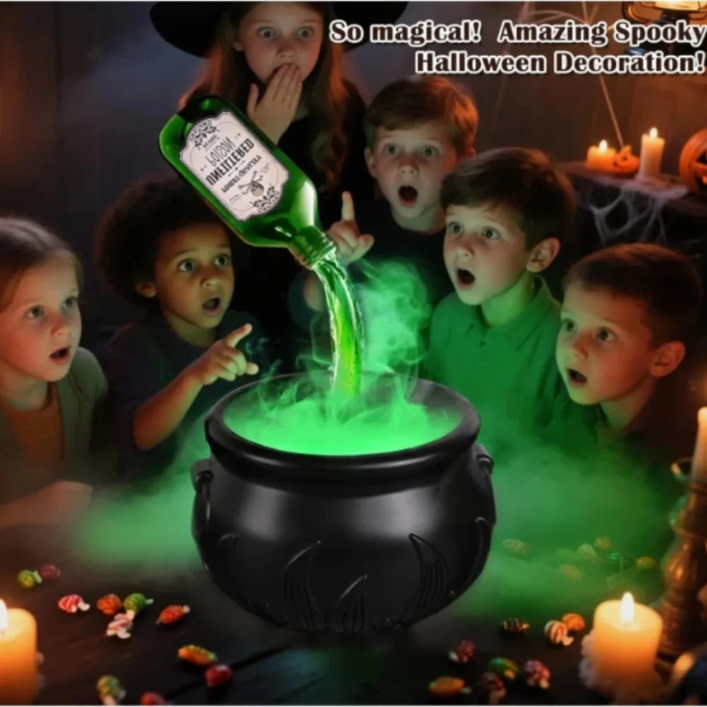 Witch Cauldron Halloween Decoration with Ultrasonic Mist Maker and Green LED Glow