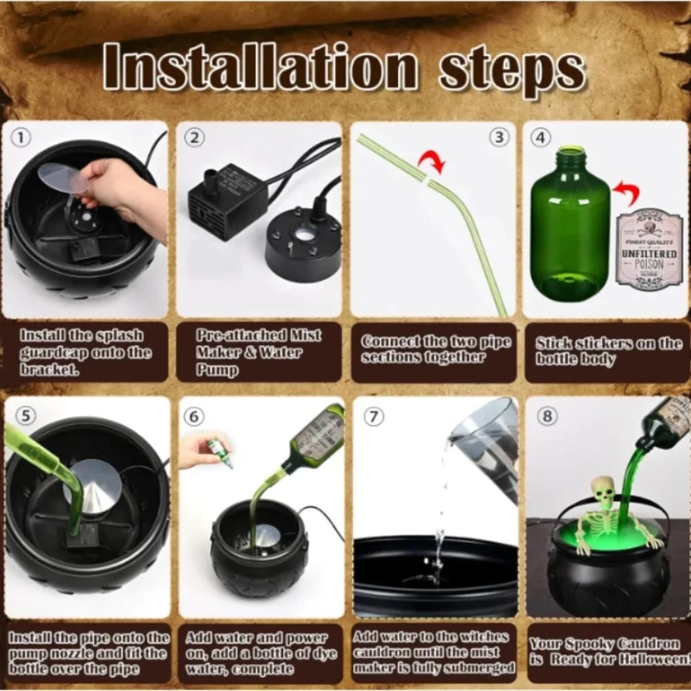 Witch Cauldron Halloween Decoration with Ultrasonic Mist Maker and Green LED Glow