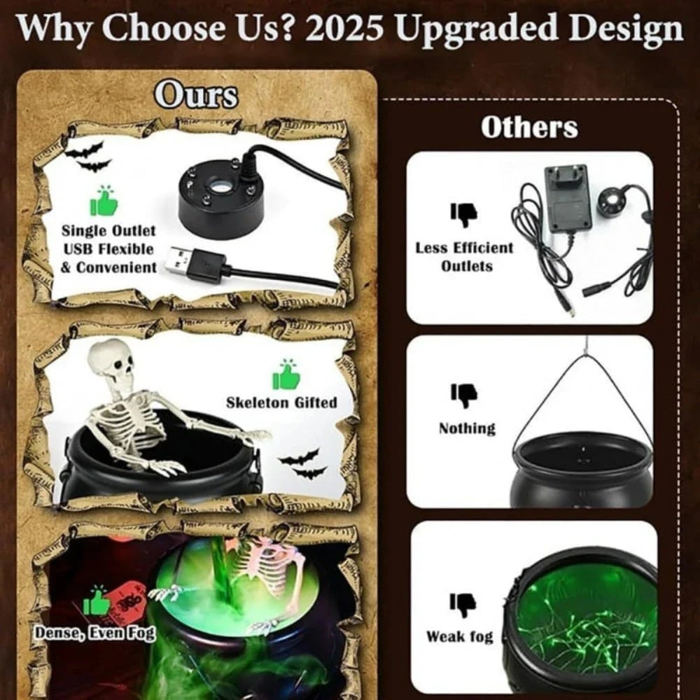 Witch Cauldron Halloween Decoration with Ultrasonic Mist Maker and Green LED Glow