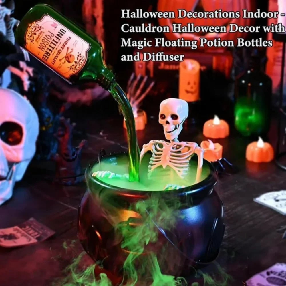 Witch Cauldron Halloween Decoration with Ultrasonic Mist Maker and Green LED Glow