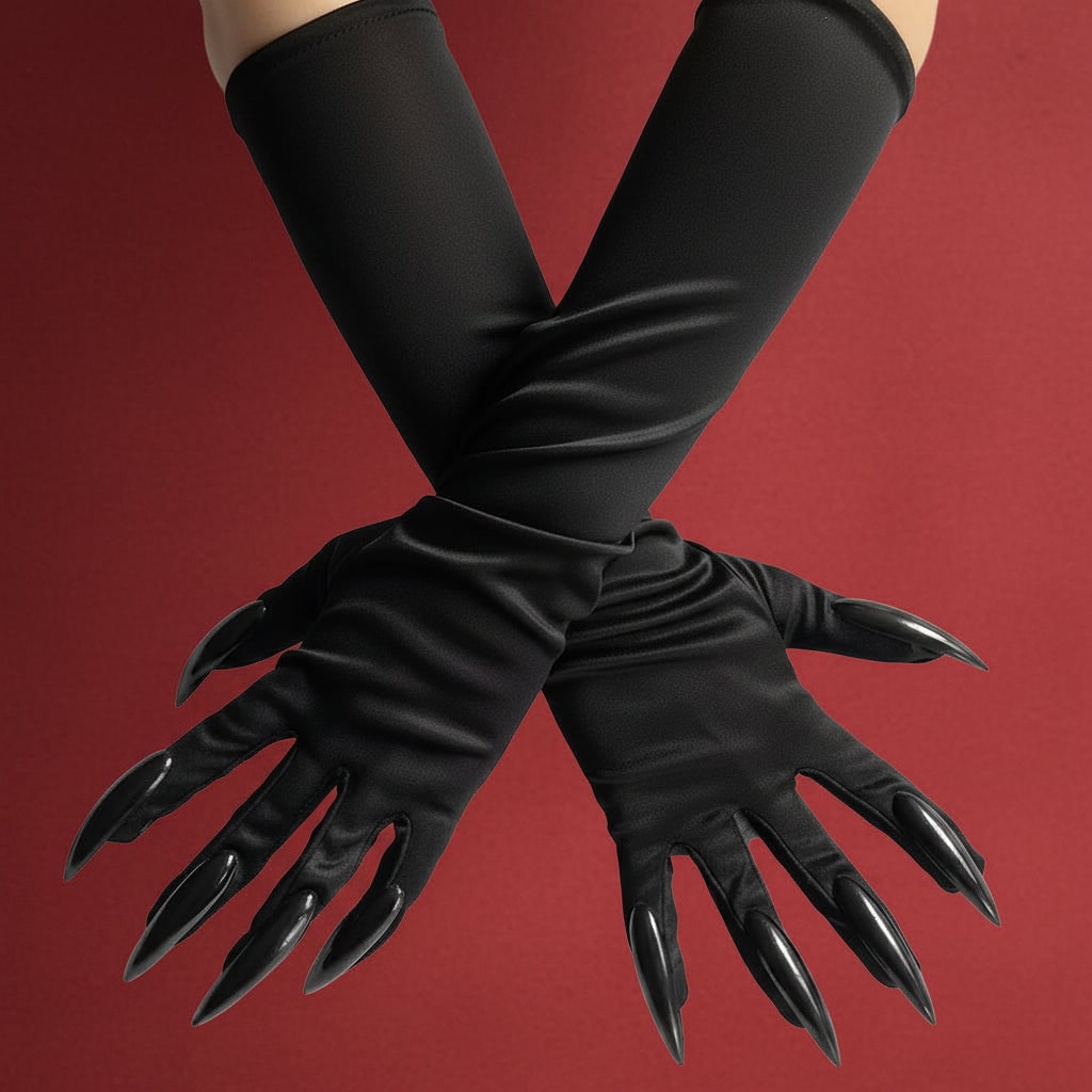 Witch Halloween Costume Claw Gloves in Long Black Satin with Attached Talons