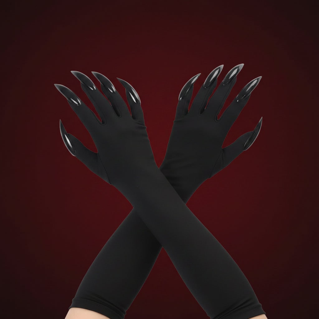 Witch Halloween Costume Claw Gloves in Long Black Satin with Attached Talons