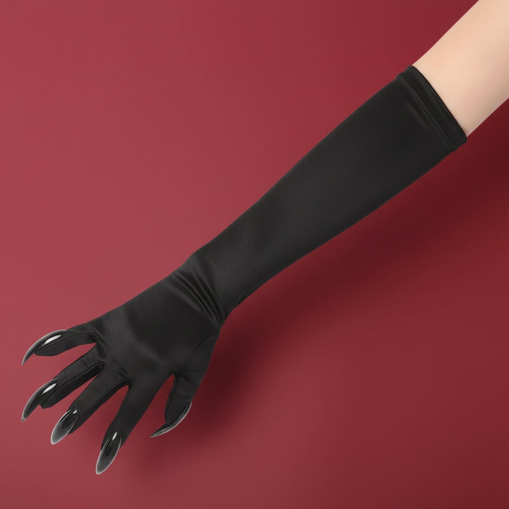 Witch Halloween Costume Claw Gloves in Long Black Satin with Attached Talons