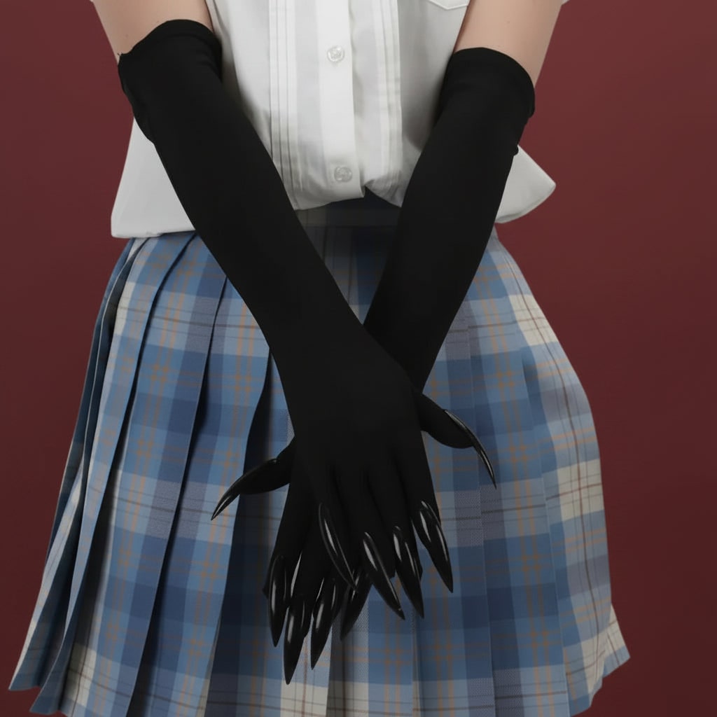 Witch Halloween Costume Claw Gloves in Long Black Satin with Attached Talons
