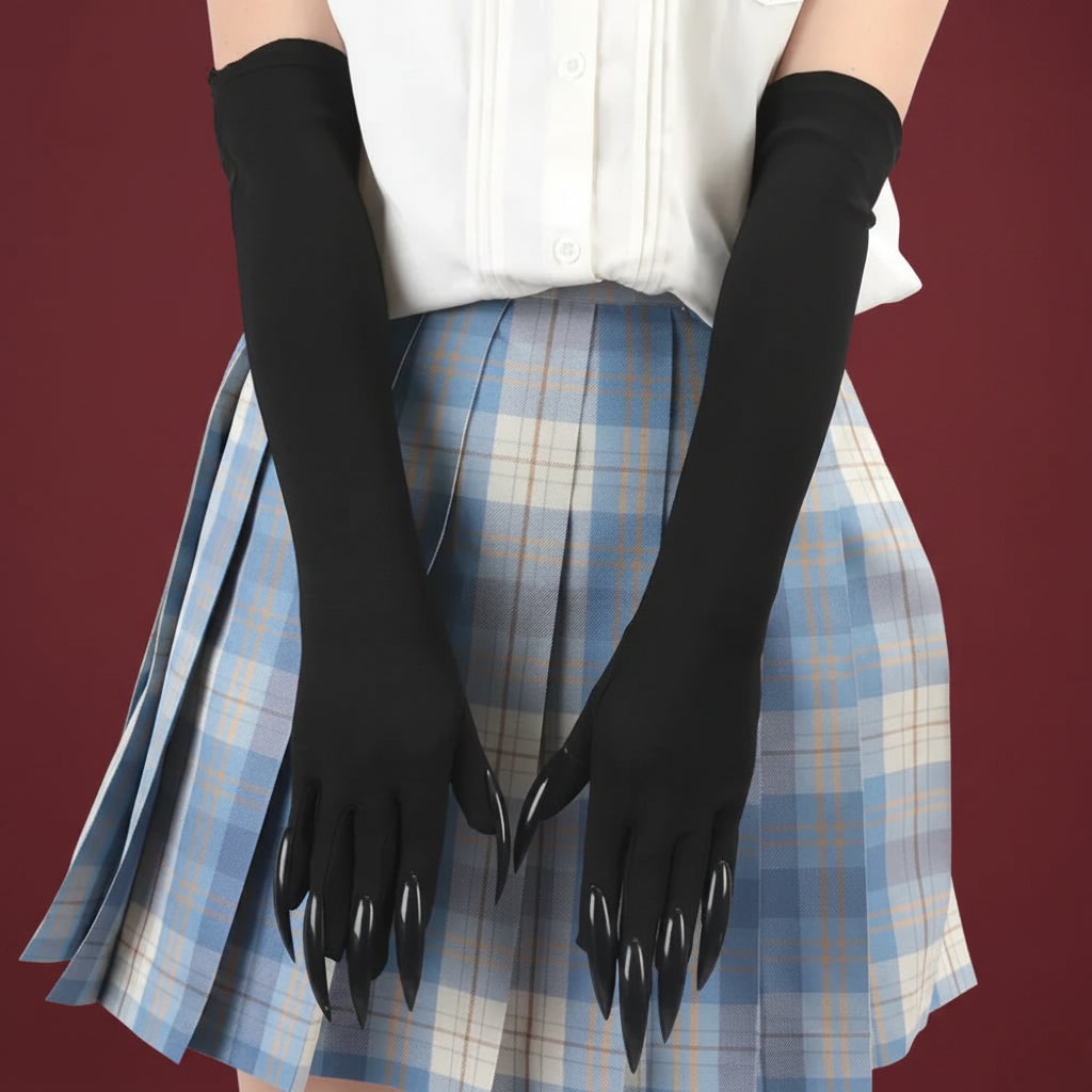 Witch Halloween Costume Claw Gloves in Long Black Satin with Attached Talons