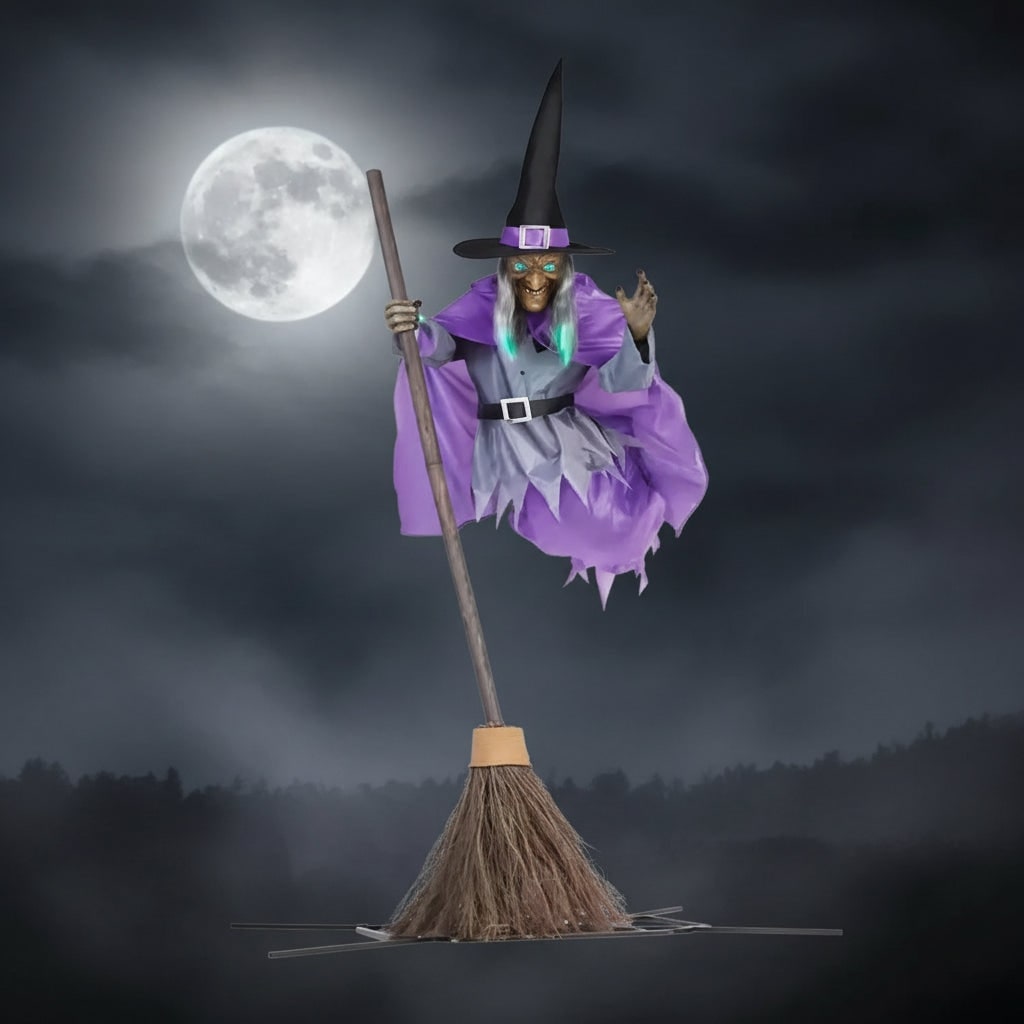 Life Size Flying Witch Outdoor Halloween Decorations Prop with Glowing Eyes